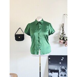 Semantics Green Satin Short Sleeve Collared Button Shirt Blouse Office Chic L